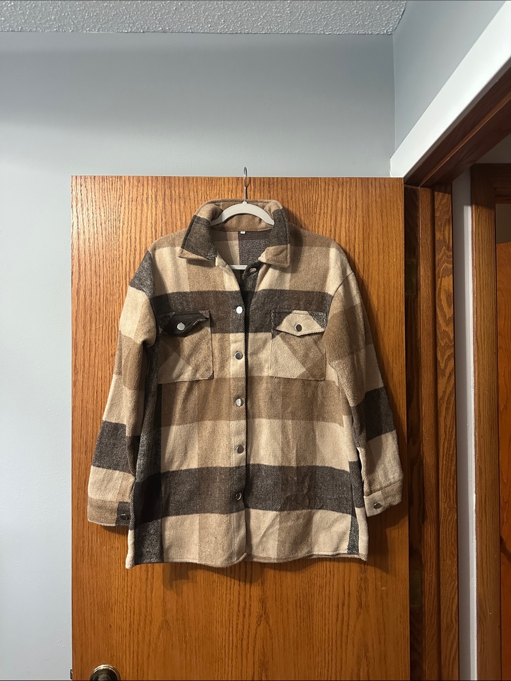 Amazon Women's Beige and Brown Plaid Shirt Jacket
